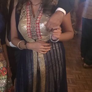 Navy blue and gold indian long suit with pants and chuni